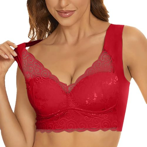 Flodxo Women's Plus Size Sports Bra - Wireless Floral Lace Non-Wired Support Bra, Solid Color Full Coverage Bralette, Comfy Seamless Padded Everyday Bra, Red, Large