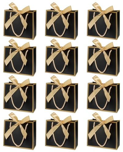 12 Stück Mini Geschenktüten mit Henkel, kleine Schwarz Geschenktüten für Geburtstag & Hochzeit (14×6×12cm), Goldene Schleifen