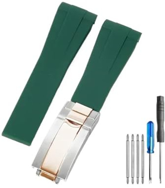 ZHGUIMING Klockarmband for silikon 20 gummiklocka Tillbehör klocka Armband Rem Kedja(Green-Steel rose-Z9,21mm)