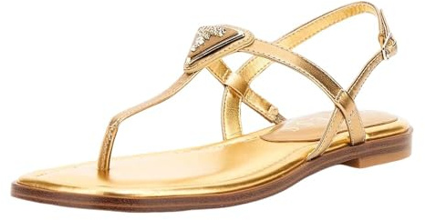 GUESS Sandalias Mujer con Tira en T, Doradas, Elegantes con Detalle de Cristales, Suela Plana (Bronce, Sistema tallas calzado EU, Adulto, Números, mediano, 37)