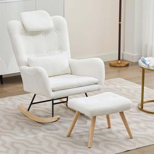 Ymkua Schaukelstuhl Wohnzimmer mit Hocker, Schwingsessel Armlehnsessel, Hohe Armlehnstuhl mit Kopfstütze und Fußstütze Sessel Schlafzimmer, Weiß Armchair mit Ottoman für Erwachsene Kinder, 73x92x102cm