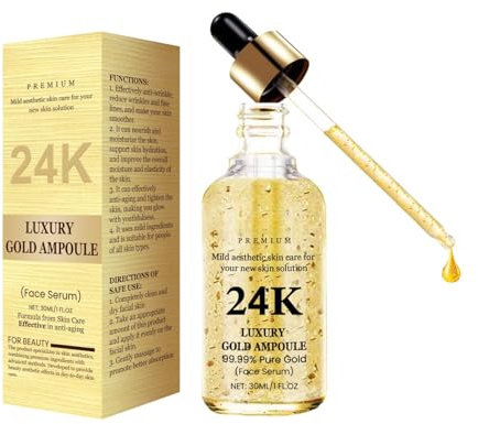 24K Gold Serum Gesicht, Anti Aging Serum mit Hyaluron & Vitamin C, Anti Falten Gesichtsserum für Straffende Haut, Deeply Moisturizing, Pigmentflecken Entferner Gesicht, Verbessert die Hautelastizität