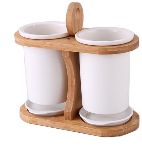 kitchen sink organiser 2-Piece Ceramic Silverware Caddy with Bamboo Holder, Utensil Holder for Kitchen Countertop, Flatware Caddy Cutlery Storage Organizer with Drain Tray sink caddy