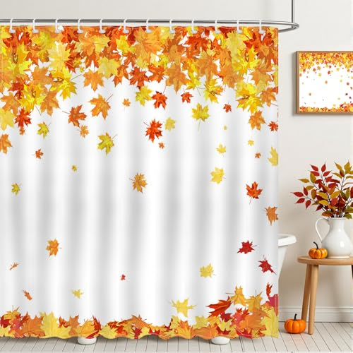 Avezano Autumn Maple Leaves Shower Curtain Autumn Leaf Bathroom Shower Curtain Fall Maple Leaves Thanksgiving Waterproof Bathtub Curtain Decor with 12 Hooks 72 X 72 Inch