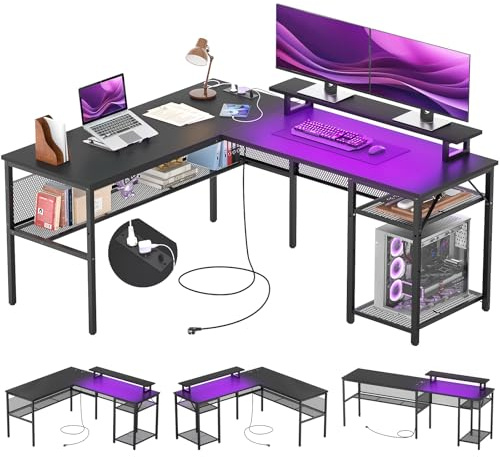 iSunirm Escritorio de Esquina Ordenador,140 x 116 x 76cm Escritorio en L con Enchufes y Puerto de Carga USB,Mesa en L con Estante para Monitor para Oficina en Casa,Negro