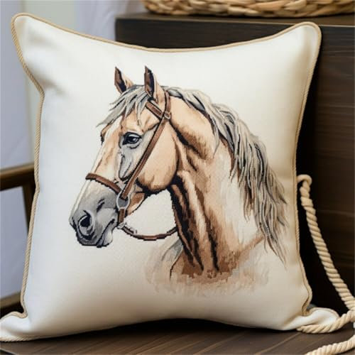 Kitquiver Knüpfkissen Mit Vordruck Pferd Tier Diy-Kissenbezug Mit Gobelin-Stickerei,Kissen-Set Für Die Heimdekoration,Stickset Für Anfänger 17x17In