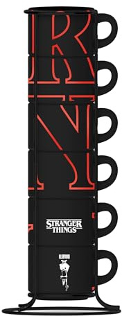 Bialetti Set da 6 Tazzine Impilabili Stranger Things – Fluorescenti, si illuminano e cambiano colore al buio, non adatte alla lavastoviglie, 80 ml ciascuna, Nero