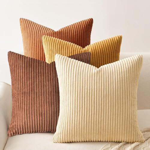Cogavoo Set of 4 Corduroy Soft Striped Cushion Covers 45x45 cm ,Boho Decorative Square Throw Pillow Covers 18x18 Inch with Invisible Zipper for Sofa Couch Bedroom Decorative Fluffy Large Pillowcases