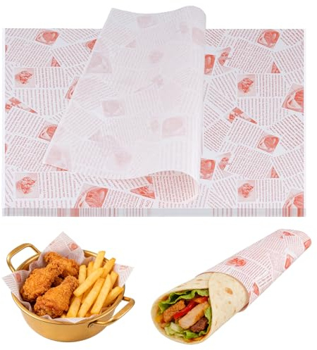 NAMYEUT 300 Stück Deli Papierblätter 38 x 28cm, Bedrucktes Backpapier Zuschnitte Zeitungsoptik, Pommes Papier für Korb, Käsepapier Fettdichtes Papier für Burger, Pommes Frites, Butterbrot, Sandwich