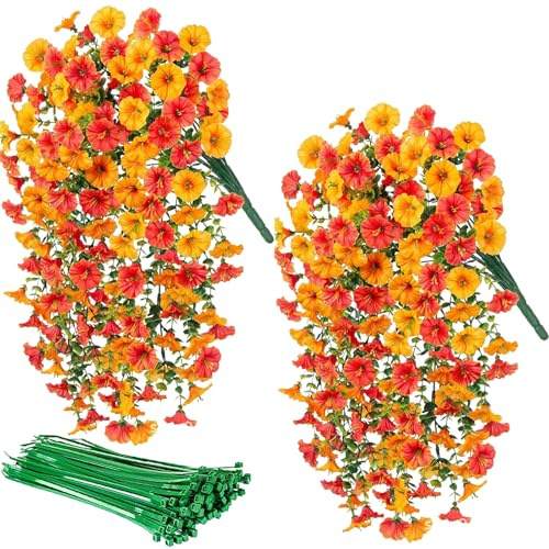 ZenyTra Pack of 2 Artificial Hanging Plants, Yellow, 76 cm Artificial Petunia Ivy with 10 Twines, UV-Resistant Artificial Flowers for Balcony, Patio, Garden, Indoor and Outdoor Decoration