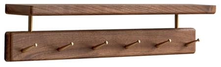 YESWOOD Porte Manteau Mural en Noyer Noir Massif, 6 Crohets en Laiton, Porte Clé Mural avec Étagère, Patère Mural pour Vêtements, Chapeaux, Serviettes, Noyer Noir Naturel