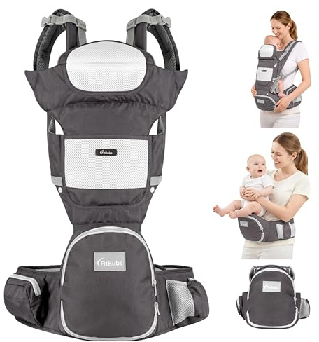 FitBubs Babytrage für Neugeborene ab Geburt, 2-in-1 Babytrage mit Hüftsitz, Geeignet für 3–36 Monate, 3–20 kg, Ergonomische Tragehilfe für Babys und Kleinkinder, Atmungsaktiv, Dunkelgrau