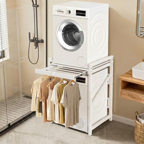 Regal über Waschmaschine, Waschmaschinenschrank mit Trockner mit 2 Einstellbare Höhe, Auszugregal, Waschmaschinen Regal Waschmaschinenregal mit dicker Stahlrahmen, Bis zu 350kg, 75 * 63,5 * 105cm