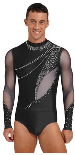 Hedmy Herren Latein Tanzbody Glitzer Mesh Langarm Turnanzug Trikot Gymnastik Lateinamerikanische Tanzkleidung Leotard A Schwarz L