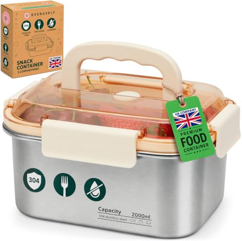 Everusely - Contenitore per alimenti extra large in acciaio inox con chiusura a scatto - 2 ​l - Porta pranzo ermetico - Per la preparazione dei pasti, i viaggi, la marinatura della carne