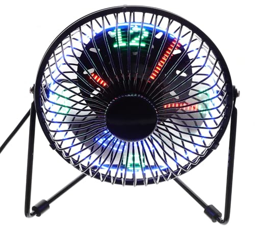 TEHAUX Tragbarer USB Ventilator mit LED Uhr und Temperaturanzeige Leiser Metall Kleiner Lüfter mit Drehbarem Kopf für Büro Zuhause und Unterwegs