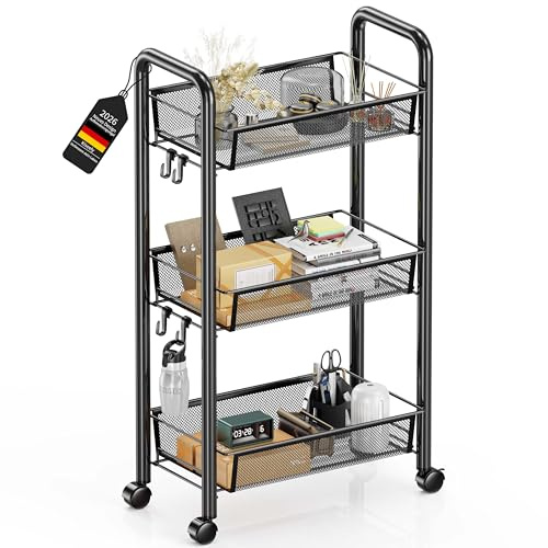 Rollwagen Metall Servierwagen,Küchenwagen,Küche,360° drehbare Räder,Aufbewahrungswagen mit 3/4/5 Ebenen,für Wohnzimmer,Bad,Küche, Arbeitszimmer,für Bücher,Gemüse und Snacks (Schwarz, 3 Ebenen)