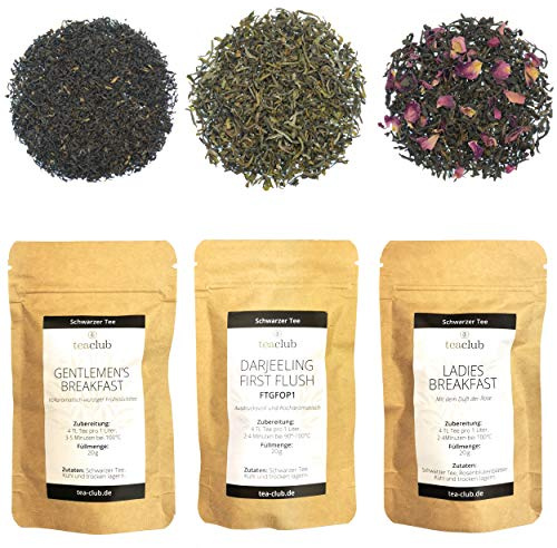 TeaClub Schwarzer Tee Lose Probierset 3x20g – Schwarztee Assam Darjeeling | Premium Schwarztee Geschenkset mit Assam Tee, First Flush Darjeeling Tee FTGFOP1 & Ladies & Gentlemen's Breakfast, Black Tea