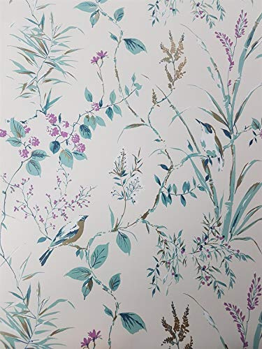 Floral Birds Wallpaper Teal Plum Gold Metallic Flower Shimmer Fine Decor Mariko from YöL