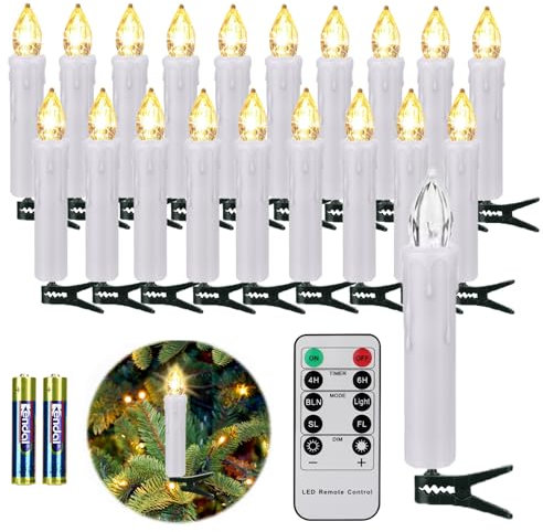 FREEPOWER 20 Candele LED Albero di Natale con Telecomando Timer Fiamma Tremolante, Senza Fili, Luce Bianca Calda, Dimmable, Interni Esterni Impermeabili, Decorazioni Natalizie (Include 20 batterie)