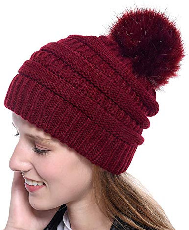De feuilles Damen Mädchen Warme Mütze Bommelmütze Strickmütze Wintermütze Beanie Mütze Cap mit Kunstfellbommel für Winter Herbst,leicht und weich weinrot