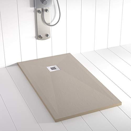 Plato de ducha resina PLES desagüe centrado color Arena 150x70 textura pizarra antideslizante rejilla inox con válvula