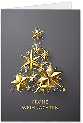 NEUSER PAPIER 50x Weihnachtskarte DIN A6 in Grau mit goldenem Weihnachtsbaum aus Sternen - Faltkarten mit Weihnachts- 10,5 x 14,8 cm - Weihnachtsgrüße für Firmen und Privat