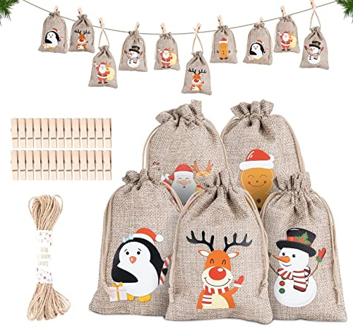 Geschenktüten für Weihnachten Jute 10x15cm,25 kleine Beutel mit Kordel + 25 Clips + 10 m Schnur mit weihnachtlichem Druck,verschleißfest und staubdicht für Süßigkeiten und Kekse für Kinder