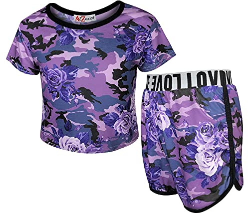 A2Z 4 Kids Flickor Kortbyxor Uppsättning Kamouflage Beskära Bästa - Crop & Shorts 528 Camo Purple 5-6