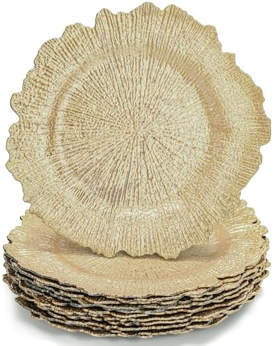 WUWEOT 12 Pack Gold Charger Plates, 12.7 Round Plastic Reef Plate Chargers with Flora Reef Design for Wedding Dinner Party Decoration