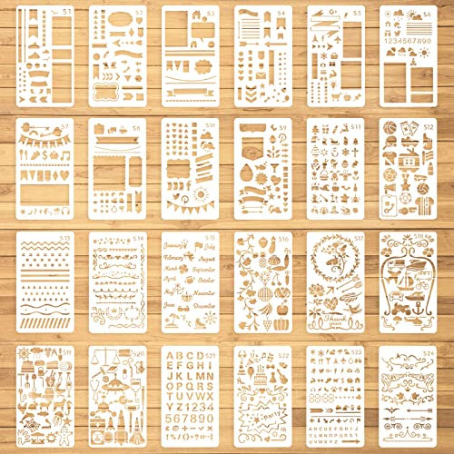 Aster 24 Stück Journal Schablonen Bullet Tagebuch Stencils Set, DIY Zeichnung Vorlage Wiederverwendbares Zeichenschablone Kunststoff Journalschablonen für Journal Notizbuch Scrapbook Kalender
