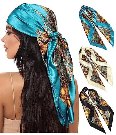 AWAYTR 35” Large Square Satin Head Scarf - 3Pcs Hair/ Neck Scarves Bandana Beach Silk Feeling Headscarf for Women Hair Wrap Paisley(Blue/Black/Beige)