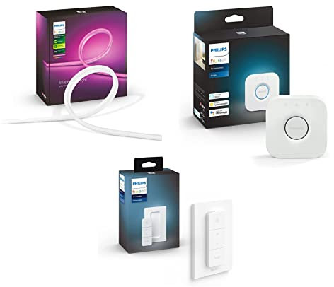 Philips Hue Bridge, Pont de connexion,White & Color Ambiance Outdoor Lightstrip 2m Bluetooth & Dim Switch Télécommande nomade variateur de lumière V2