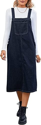 JENETY Women Vintage Sleeveless Midi Length Denim Overall Dress Pinafore Bib Pocket A-line Back Slit Distressed Blue Jeans Dress (M)