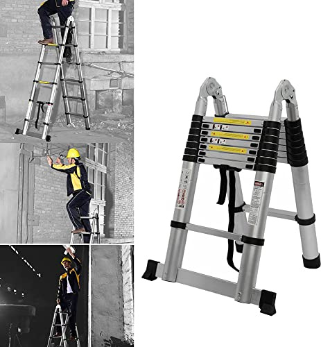 1,9m+1,9m Klappbar Teleskopleiter Aluminium Rutschfester Anlegeleiter Loftleiter, Tragbare Ausziehleiter für Outdoor & Indoor, 150 kg Tragkraft