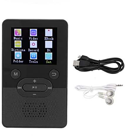 Lecteur MP4 T9, Écran Couleur 1,8 Pouces Lecteur MP3 de Qualité Sonore BT4.2 HD, 7 Boutons Haute Sensibilité Temps de Lecture Vidéo 4H Radio FM(Noir8G)