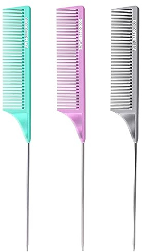 Goodofferplace 3 PCS Rat Tail Combs Parting Rattail Teasing Fine Tooth Comb with Metal Pick for Curly Hair,Detangling Parting Combs for Women for Braiding,Styling Hair(Green Purple Grey)