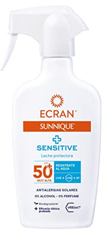 Ecran Sunnique - Leche Protectora Solar SPF 50+ Sensitive en Spray, Protección muy Alta UVA, UVB y IR-A, Antialergias Solares, Resistente al Agua, Pieles Muy Claras e Intolerantes al Sol - 270 ml