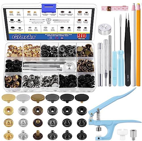 Glarks 90 Sets Leder-Druckknöpfe mit Zange, 12,5 mm, 6 Farben, Druckknöpfe, 8 Setzwerkzeuge, Fettstifte, Pinzette, Maßband für DIY-Lederhandwerk