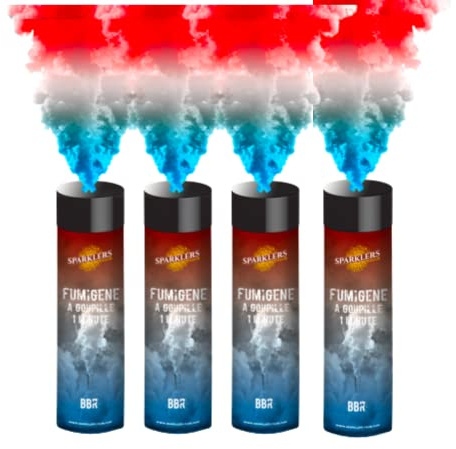 Lot de 4 Fumigènes a Main 1 MINUTE BLEU/BLANC/ROUGE - Déclenchement à Goupille, durée 60 secondes, fumigene FRANCE ALLEZ LES BLEUS - fumigene a main SPARKLERS CLUB®