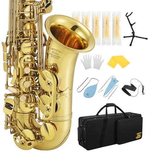 Eastar AS-Ⅲ Alto Saxophone E Flat for Beginners Advanced, Cleaning Kit, Case, Neck Strap, Reeds, Stand, Eastar Altsaxophon, Golden