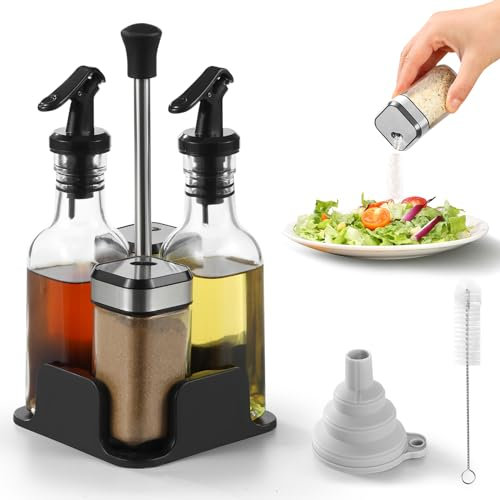 FRIBERG Set Olio Aceto Sale Pepe, 2 bottiglie per olio e aceto da 200 ml, 2 vasetti da 120 ml con coperchio a pomello, imbuto e spazzola per la pulizia inclusi