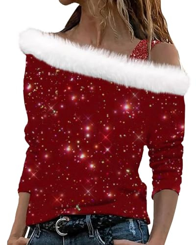Sexy Tee Shirt Femme Manche Longue Pull De Noel Femme Sweat Femme sans Capuche Impression de l'arbre de Noël Sexy Strapless Blouse Femme