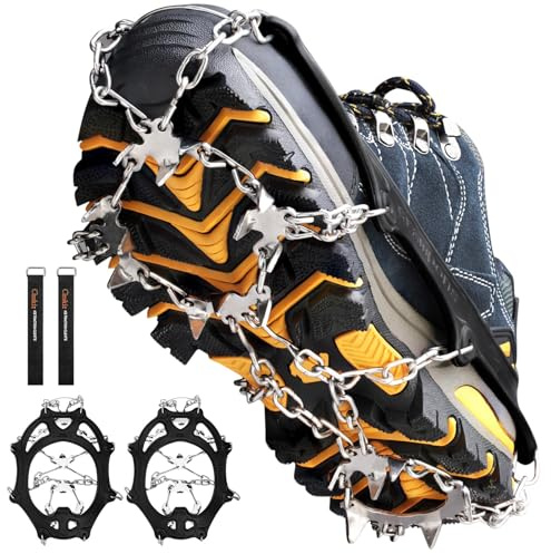 Crampons Neige Antidérapants pour Glace, Grips de Traction avec 19 Pointes en Acier Inoxydable pour Chaussures et Bottes, Hommes et Femmes, Sécurisés pour Randonnée, Pêche（Black, Large）