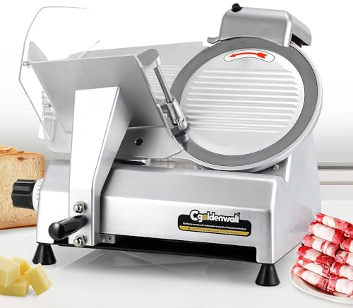 CGOLDENWALL Commercial Meat Slicer Machine, 240W 0-0.7 Adjustable Thickness Electric Deli Meat Cheese Food Slicer, 10 Semi-Auto Frozen Meat Slicer for Home, Copper Motor Low Noise Durable