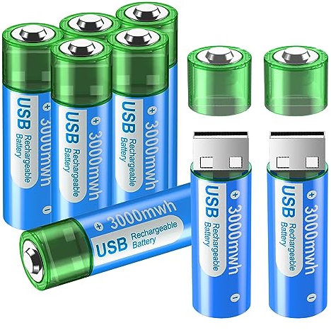 Lot de 8 piles rechargeables USB AA 3000 mWh/Lithium – 1,5 V Li-Ion AA haute capacité rechargeables à charge rapide en 1,5 heure