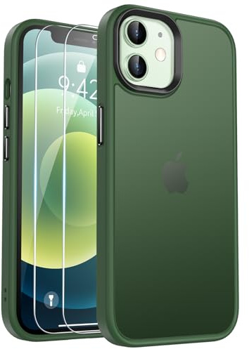 Kmofizle Handyhülle für iPhone 12 Pro/iPhone 12 Hülle mit Schutzfolie, [Transluzente Matte] Stoßfeste Kratzfeste Schutzhülle, [Anti-Fingerabdruck] rutschfeste Handyhülle iPhone 12 Pro / 12, Grün