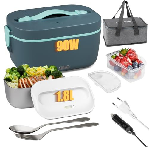 Nulmvic Scaldavivande Elettrico Portatile 90W - 1,8L Porta Pranzo Riscaldabile - 220V/12V/24V Scalda Vivande Portatile Elettrico per Auto Camion e Ufficio