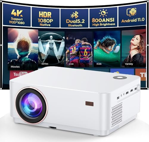 SEWENS WiFi Bluetooth Beamer 4K, Android OS Projektor Native 1080P mit Autofokus, 800 ANSI Lumen Mini Projektor für Heimkino Outdoor Garten Wohnzimmer, 9000+ Apps HDMI USB (weiß)