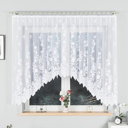 Gardinen Vorhangen Weiß 300x160 cm (BxH) Danuta Stores Küchengardinen Blumen Motiv Gardinen Kurz Jacquard Scheibengardine Vorhänge Fertiggardine Bogen Kurzstores